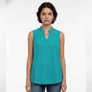 Signature JMB Teal Turquoise Embroidered Eyelet Tunic Tank Boho L
